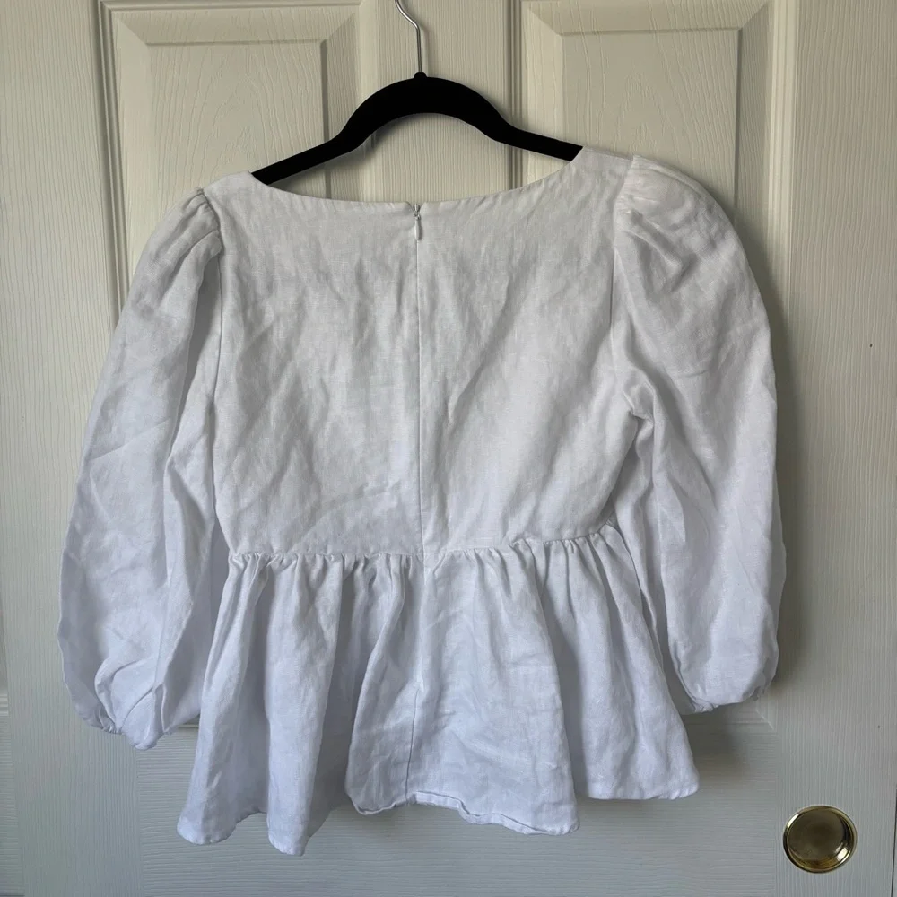 Reformation Abigail Linen White Puff Sleeve Blouse